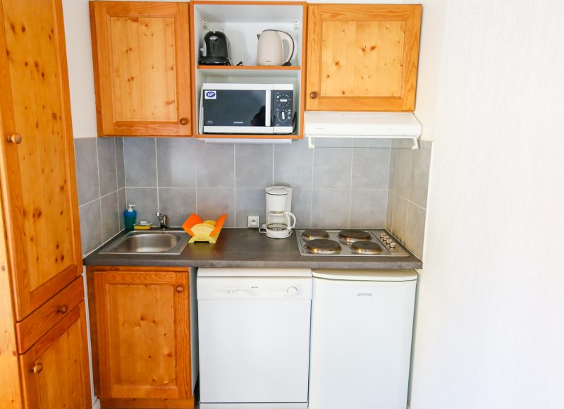 Cuisine équipée : frigo, plaques électriques, micro-onde grill, lave vaisselle et évier