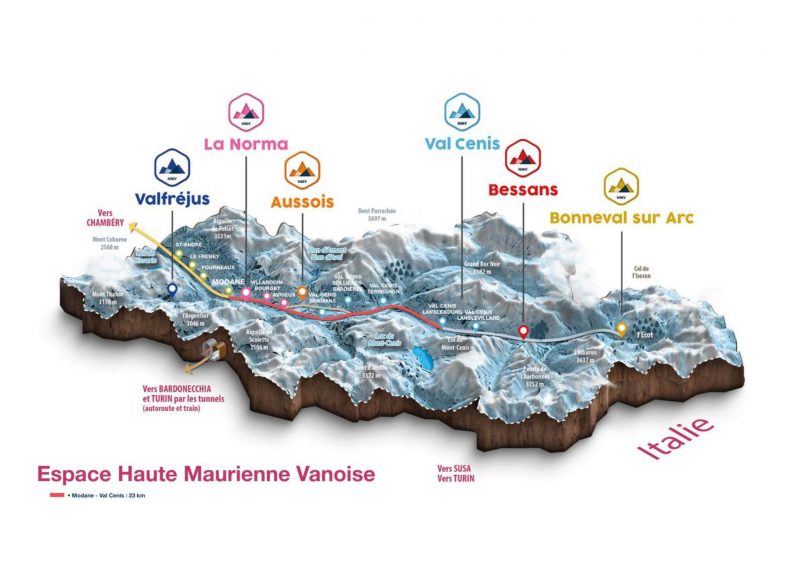Carte en 3D présentant toutes les stations de ski Haute Maurienne avec les logos concernés. Frontières avec l'Italie indiqués.